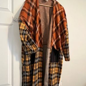 Bibi, extra large, yellow, black cream, brown tan cardigan.